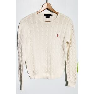 Ralph Lauren Womens White Long Sleeve Cable Knit Sweater SIze Large Preppy